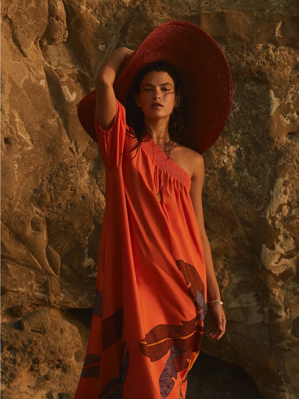 Maeve by Anthropologie Women’s One-Shoulder Orange Embroidered Maxi Dress XSP